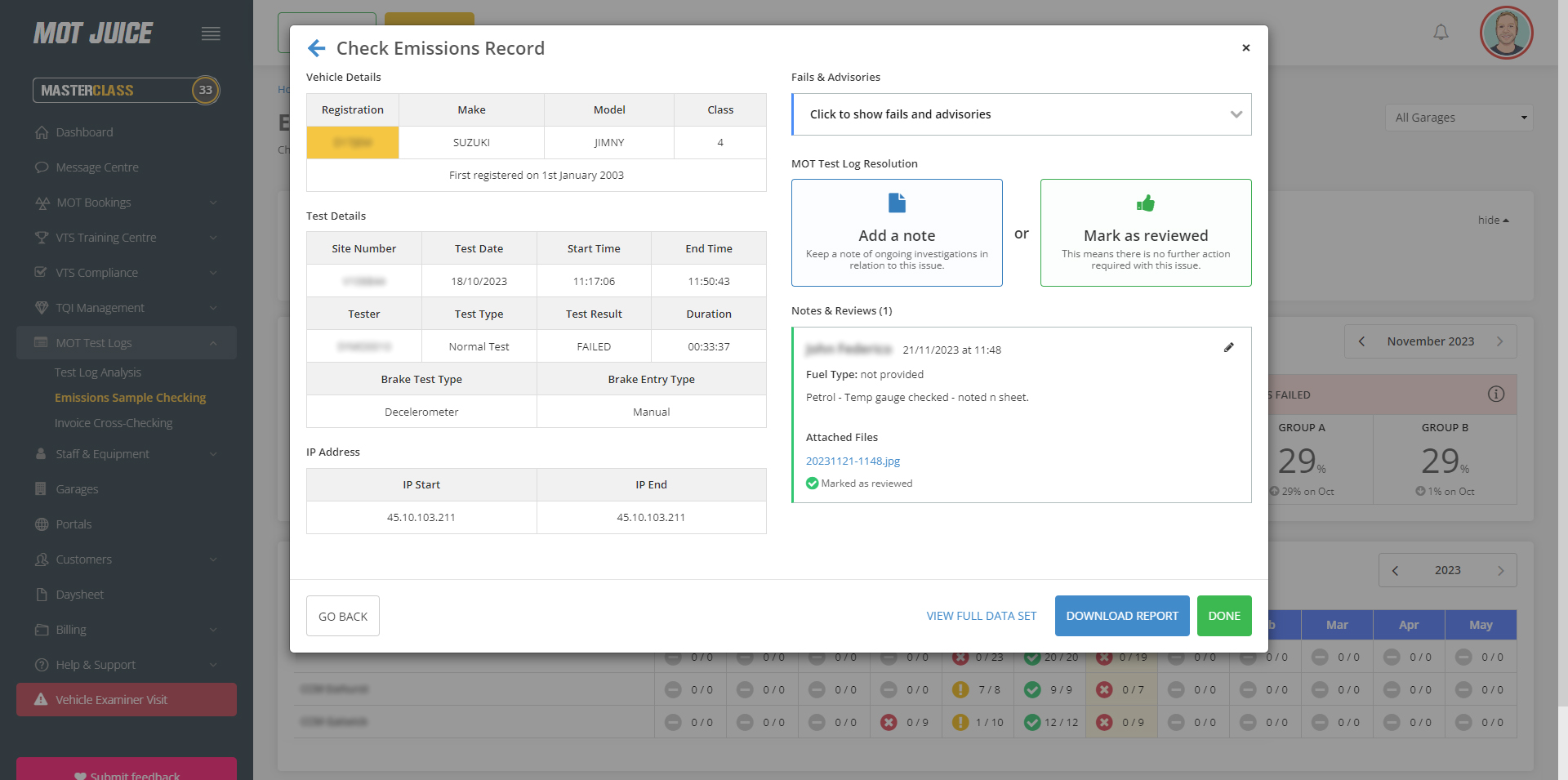 view reviewed mot emission sample checks and what the result was